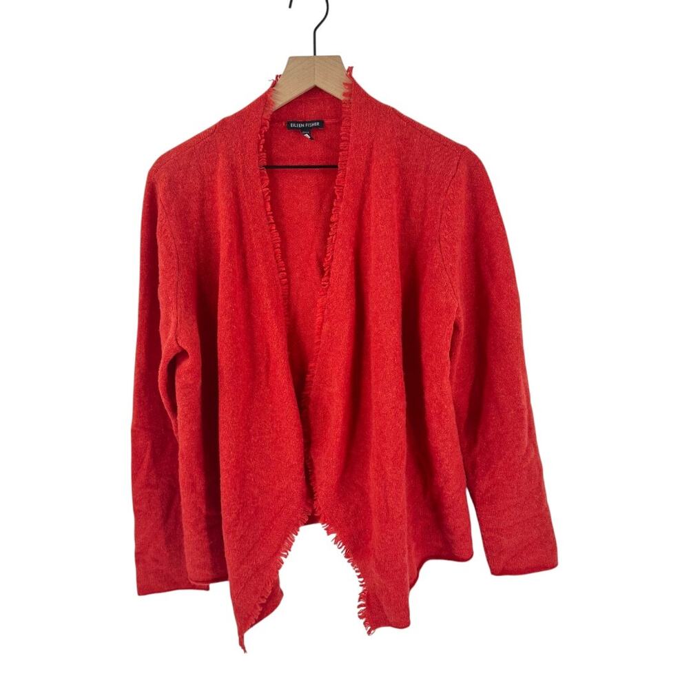Eileen Fisher Frayed Edge Open‎ Front Wool Cardigan Jacket Red Draped Hem Size L